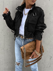 Inrosy court veste unicolore poches ceinture col revers manches longues femme style boyfriend mode