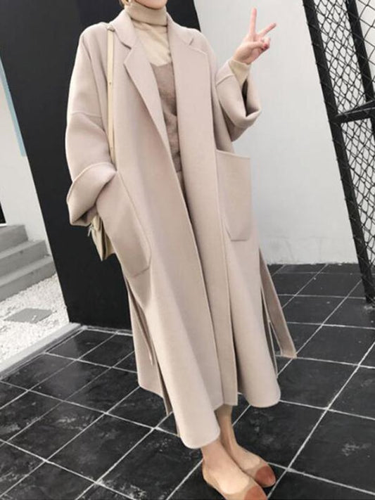 Inrosy longue manteau en laine fendu le côté ceinture femme veste abricot