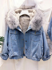 Inrosy vestes en jean belly fausse fourrure doublé polaire capuche chic femme manteau bleu