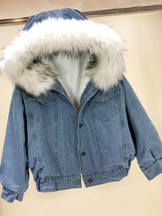 Inrosy vestes en jean belly fausse fourrure doublé polaire capuche chic femme manteau bleu