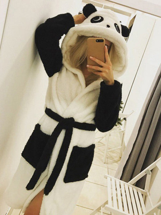 Inrosy peignoir panda animal en polaire capuche avec oreilles ceinture mignon femme pyjama robe
