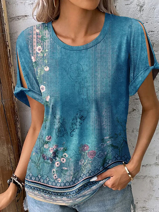 Inrosy t-shirt imprimé à fleurie col rond manches courtes femme boho décontracté hauts