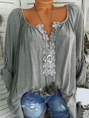 Inrosy blouse coton appliques v-cou manches retroussées longues femme décontracté hauts