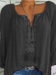 Inrosy blouse coton appliques v-cou manches retroussées longues femme décontracté hauts