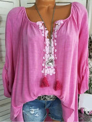 Inrosy blouse coton appliques v-cou manches retroussées longues femme décontracté hauts