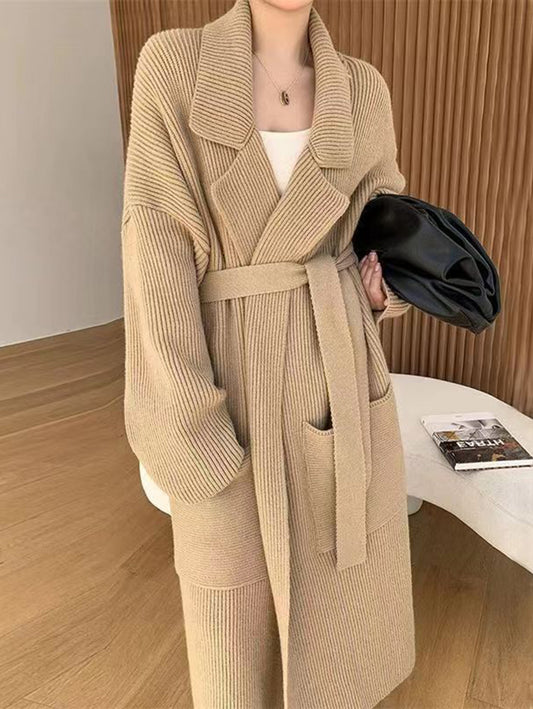 Inrosy mi-longue manteau gilet en maille ceinture poches col revers manches longues femme oversized vintage cardigans automne