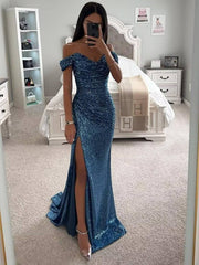 Inrosy robe longue bustier brillante paillette fendu le côté sirene col bateau sans manches femme élégant de soirée cérémonie