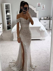 Inrosy robe longue bustier brillante paillette fendu le côté sirene col bateau sans manches femme élégant de soirée cérémonie