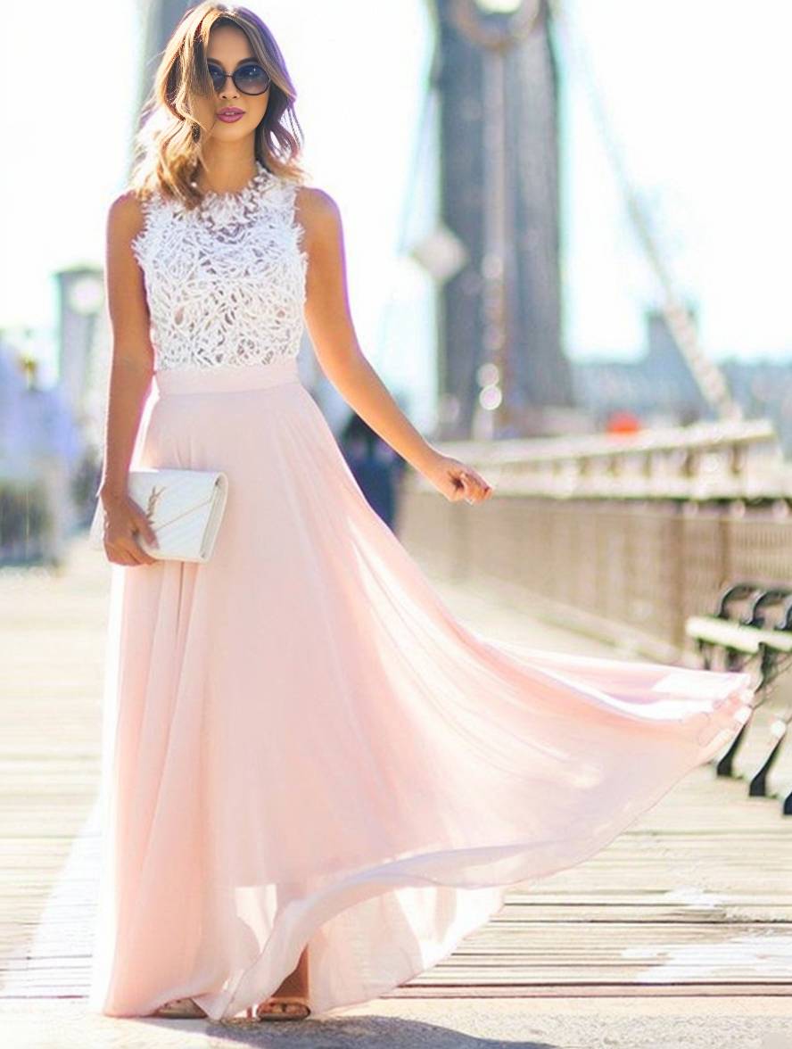 Inrosy longue robe demoiselle d'honneur dentelle mousseline fluide col rond sans manches élégant rose et blanc
