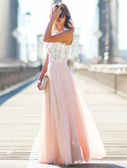 Inrosy longue robe demoiselle d'honneur dentelle mousseline fluide col rond sans manches élégant rose et blanc