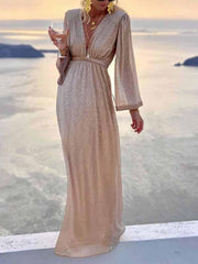 Inrosy robe longue brillante paillette v-cou manches longues élégant de soirée cérémonie