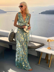 Inrosy robe longue bronzage brillante paillette v-cou sans manches élégant femme de soirée de plage