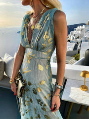 Inrosy robe longue bronzage brillante paillette v-cou sans manches élégant femme de soirée de plage