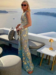Inrosy robe longue bronzage brillante paillette v-cou sans manches élégant femme de soirée de plage