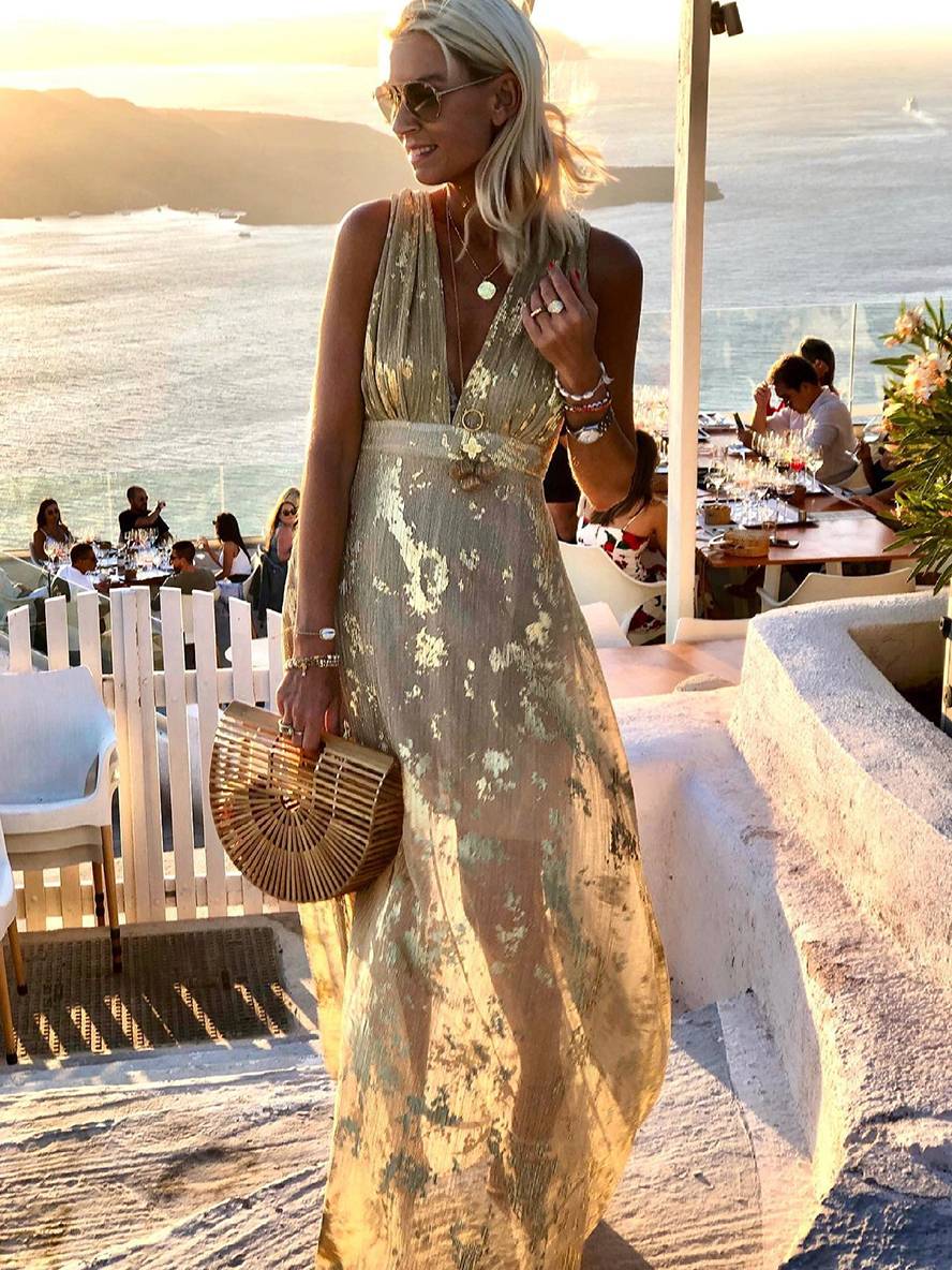 Inrosy robe longue bronzage brillante paillette v-cou sans manches élégant femme de soirée de plage