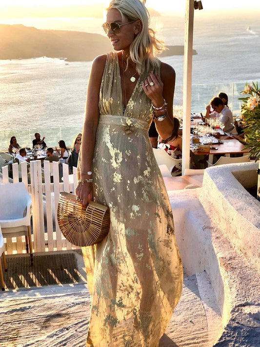 Inrosy robe longue bronzage brillante paillette v-cou sans manches élégant femme de soirée de plage