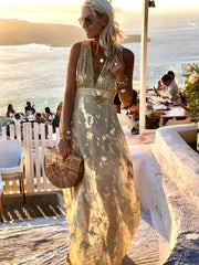 Inrosy robe longue bronzage brillante paillette v-cou sans manches élégant femme de soirée de plage