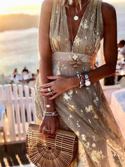 Inrosy robe longue bronzage brillante paillette v-cou sans manches élégant femme de soirée de plage