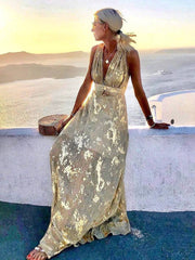 Inrosy robe longue bronzage brillante paillette v-cou sans manches élégant femme de soirée de plage