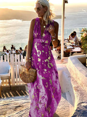 Inrosy robe longue bronzage brillante paillette v-cou sans manches élégant femme de soirée de plage