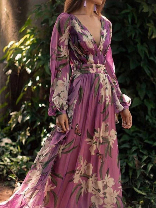 Inrosy robe longue imprimé fleurie fluide v-cou manches longues femme élégant violet