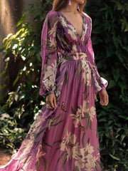 Inrosy robe longue imprimé fleurie fluide v-cou manches longues femme élégant violet