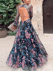 Inrosy robe longue en mousseline imprimé à fleurie dos nu col rond manches longues femme élégant mode noir