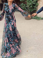 Inrosy robe longue en mousseline imprimé à fleurie dos nu col rond manches longues femme élégant mode noir