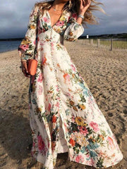Inrosy robe longue imprimé à fleurie v-cou boutons manches longues femme bohème élégant invité mariage blanche