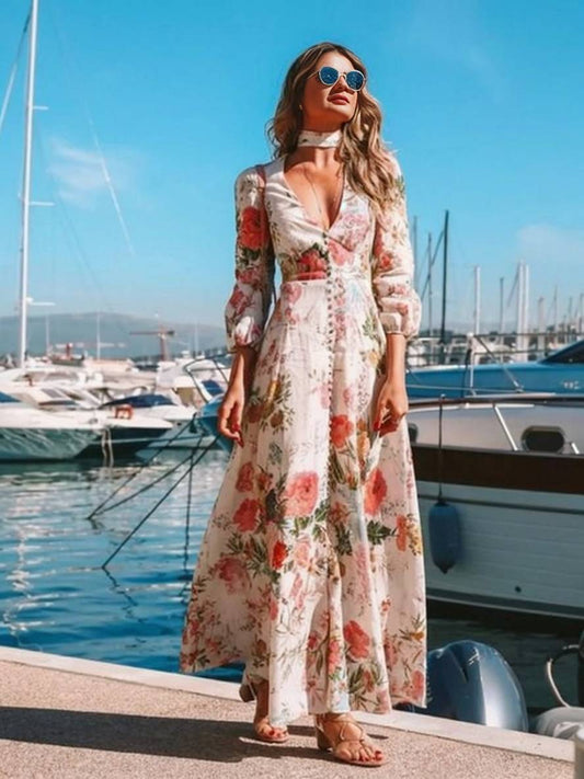 Inrosy robe longue imprimé à fleurie v-cou boutons manches longues femme bohème élégant invité mariage blanche