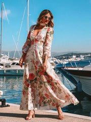 Inrosy robe longue imprimé à fleurie v-cou boutons manches longues femme bohème élégant invité mariage blanche