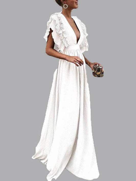 Inrosy robe longue à volantée décolleté plongeant fluide manches courtes femme bohème élégant de soirée