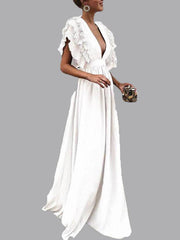 Inrosy robe longue à volantée décolleté plongeant fluide manches courtes femme bohème élégant de soirée