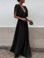 Inrosy robe longue à volantée décolleté plongeant fluide manches courtes femme bohème élégant de soirée