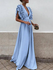 Inrosy robe longue à volantée décolleté plongeant fluide manches courtes femme bohème élégant de soirée