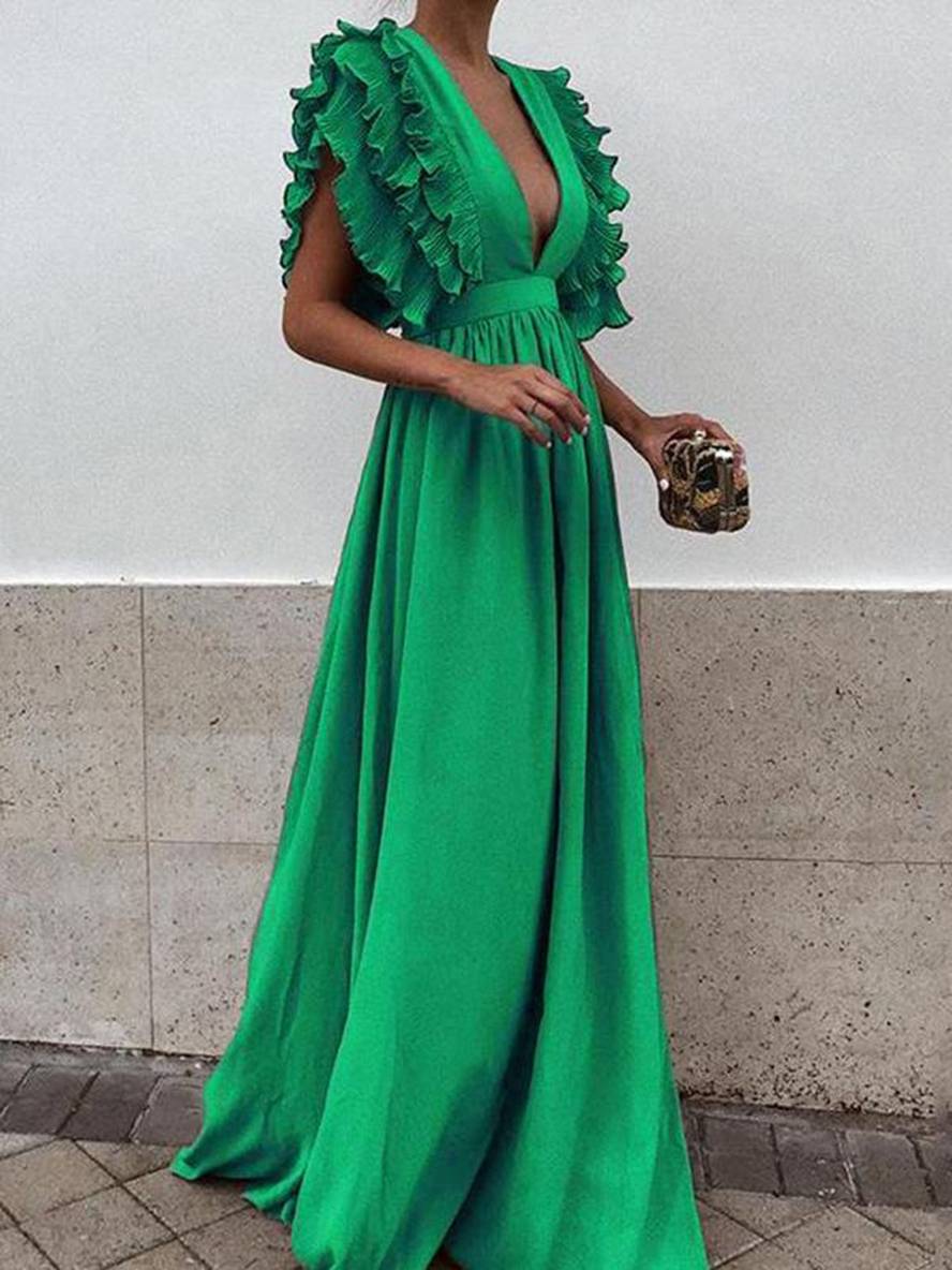 Inrosy robe longue à volantée décolleté plongeant fluide manches courtes femme bohème élégant de soirée