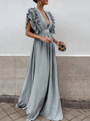 Inrosy robe longue à volantée décolleté plongeant fluide manches courtes femme bohème élégant de soirée