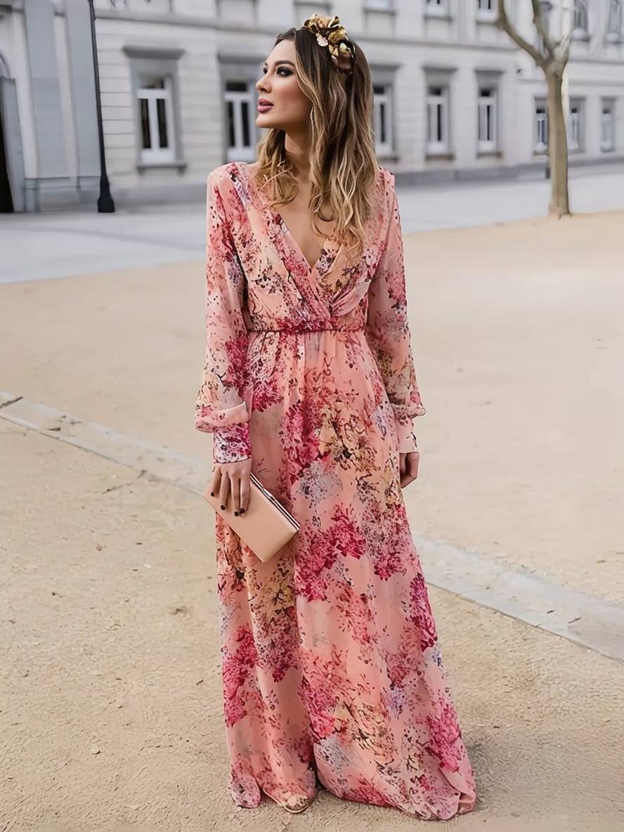 Inrosy robe longue imprimé à fleurie fluide v-cou sans manches femme décontracté rose