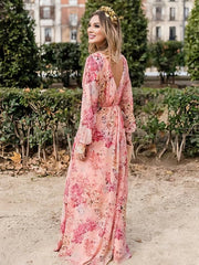 Inrosy robe longue imprimé à fleurie fluide v-cou sans manches femme décontracté rose