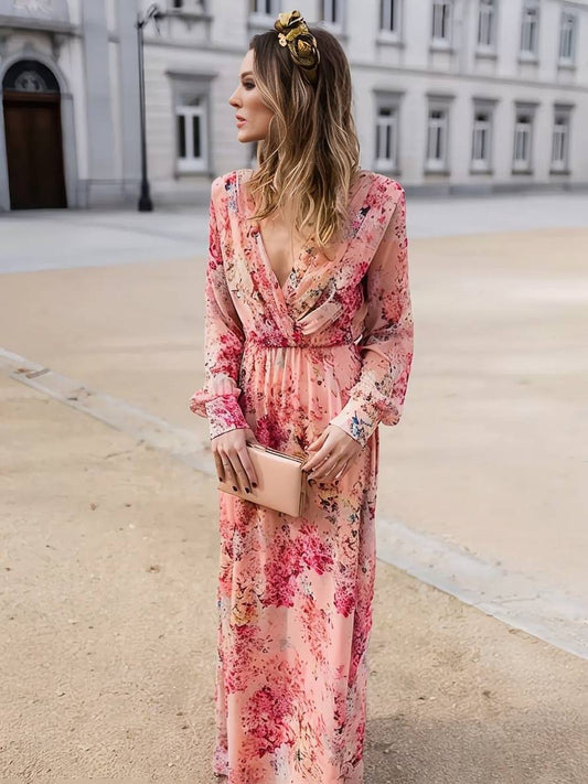 Inrosy robe longue imprimé à fleurie fluide v-cou sans manches femme décontracté rose
