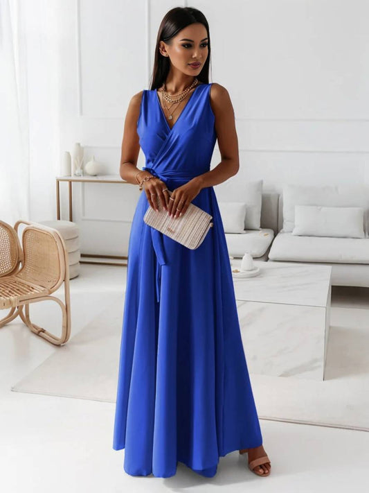 Inrosy robe longue bretelle v-cou fluide noeud papillon ceinture sans manches femme élégant bal de promo