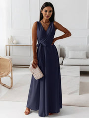 Inrosy robe longue bretelle v-cou fluide noeud papillon ceinture sans manches femme élégant bal de promo