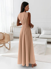 Inrosy robe longue bretelle v-cou fluide noeud papillon ceinture sans manches femme élégant bal de promo