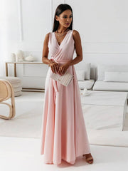 Inrosy robe longue bretelle v-cou fluide noeud papillon ceinture sans manches femme élégant bal de promo