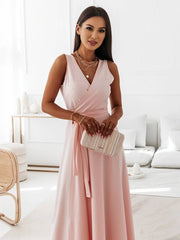Inrosy robe longue bretelle v-cou fluide noeud papillon ceinture sans manches femme élégant bal de promo