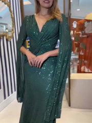 Inrosy robe longue v-cou brillante paillette nœud manches fendues manches longues femme de soirée cérémonie