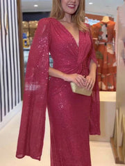 Inrosy robe longue v-cou brillante paillette nœud manches fendues manches longues femme de soirée cérémonie