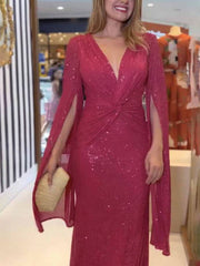 Inrosy robe longue v-cou brillante paillette nœud manches fendues manches longues femme de soirée cérémonie