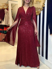 Inrosy robe longue v-cou brillante paillette nœud manches fendues manches longues femme de soirée cérémonie