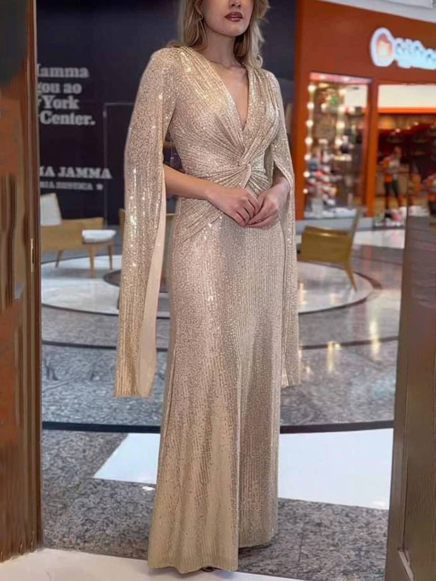 Inrosy robe longue v-cou brillante paillette nœud manches fendues manches longues femme de soirée cérémonie